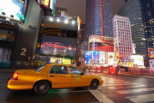 Laminated Yellow Tax Cab at Times Square New York City NYC Photo Photograph Poster Dry Erase Wall Art 24x16