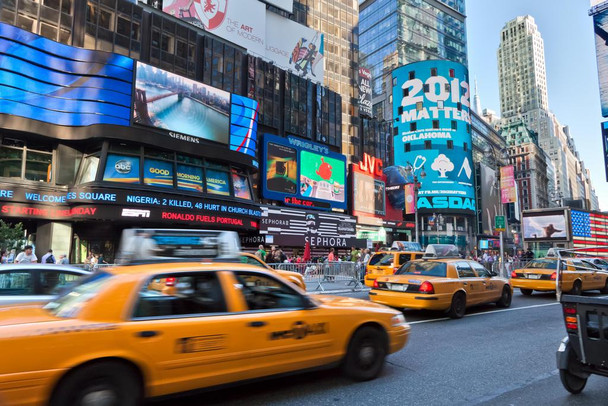 Laminated Yellow Cab Rush Times Square New York City NYC Photo Photograph Poster Dry Erase Sign 24x16