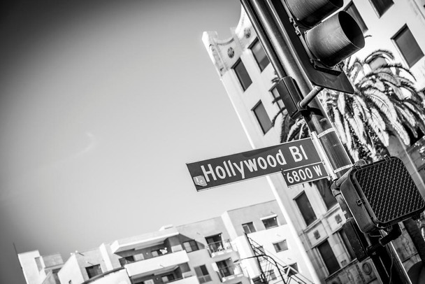 Laminated Hollywood Boulevard Sign Black and White B&W Photo Photograph Poster Dry Erase Sign 24x16