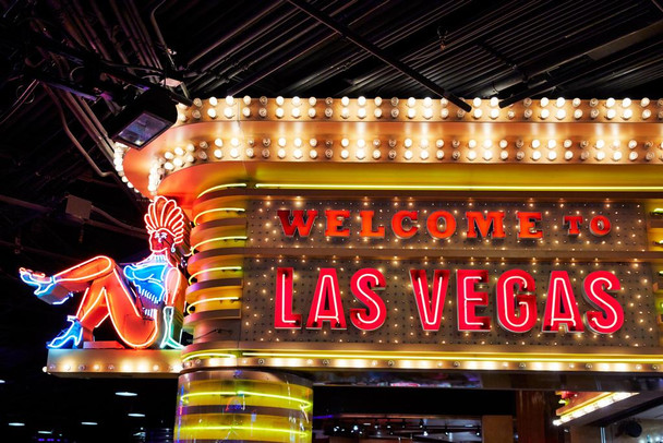 Laminated Welcome to Las Vegas Neon Sign with Showgirl Photo Photograph Poster Dry Erase Sign 24x16