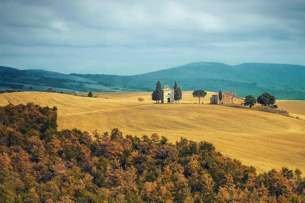 Laminated Tuscany Landscape with Chapel of Madonna Vitaleta Photo Photograph Poster Dry Erase Sign 24x16
