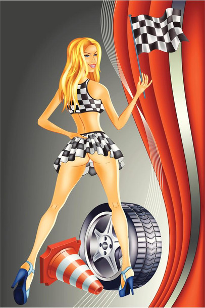 Sexy Racing Girl Checkered Flag Illustration Cool Wall Decor Art Print Poster 24x36