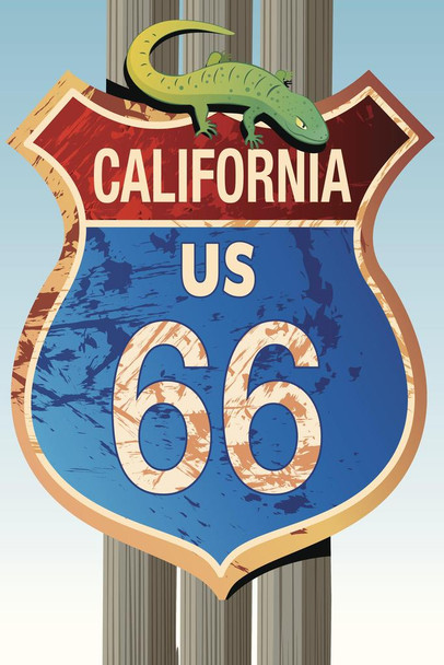 Laminated Retro California US Route 66 with Green Lizard Road Sign Poster Dry Erase Sign 16x24