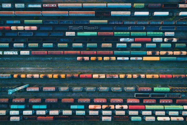 Laminated Colorful Freight Train Cars Locomotives At Depot Aerial View Poster Dry Erase Sign 24x16