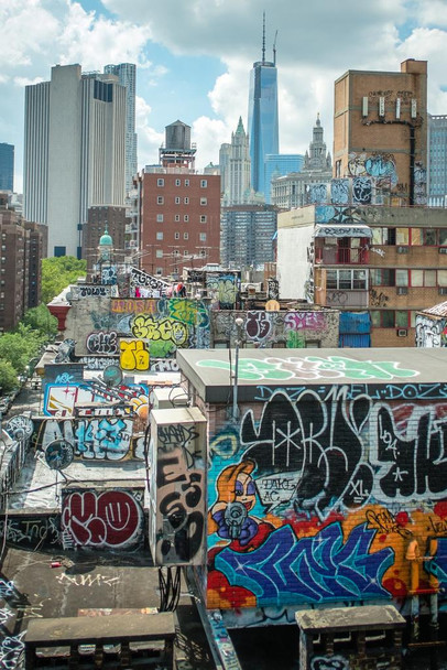 Laminated Lower Manhattan and China Town Rooftop Graffiti Poster Dry Erase Sign 24x16