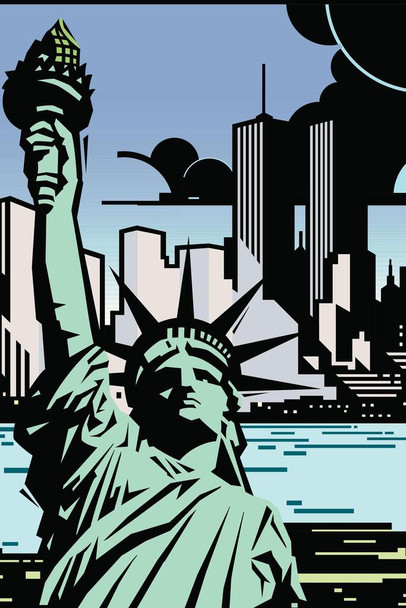 Laminated Bright Lights Big City New York City NYC Skyline Statue of Liberty Pop Art Poster Dry Erase Sign 16x24