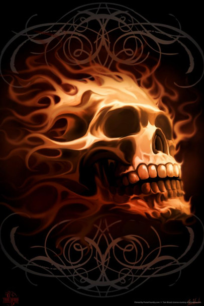 Laminated Flaming Skull Tom Wood Fantasy Horror Flames Head Poster Scary Ride Or Die Drawing Poster Dry Erase Sign 16x24