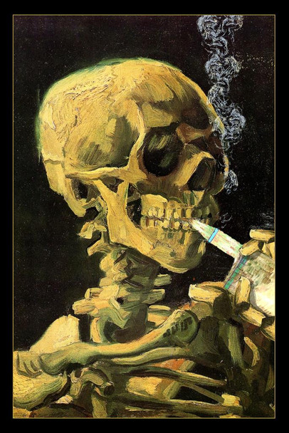 Laminated Vaping Skull Of Skeleton Vincent Van Gogh Painting Poster 1885 Burning Cigarette Vincent Van Gogh Parody Funny Humor Poster Dry Erase Wall Art 16x24