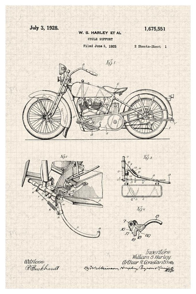 Laminated Motorcycle 1928 Design Official Patent Diagram Poster Dry Erase Sign 16x24