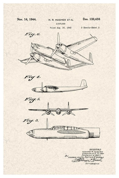 Laminated Howard Hughes Airplane Official Patent Diagram Poster Dry Erase Sign 16x24