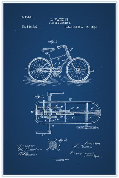 Laminated Bicycle Gearing Official Patent Blueprint Poster Dry Erase Sign 16x24