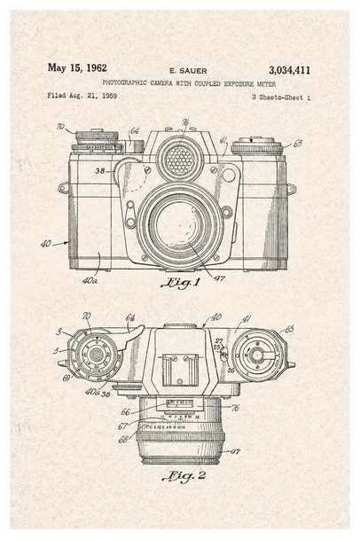 Laminated Sauer Vintage Camera 1962 Official Patent Diagram Poster Dry Erase Sign 16x24