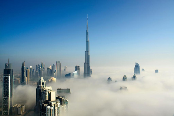Laminated Fog In Dubai Downtown Skyscraper City Skyline Clouds Photo Photograph Poster Dry Erase Sign 16x24
