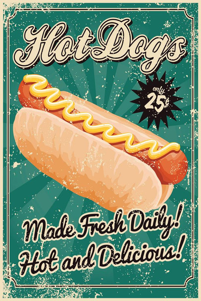 Laminated Hot Dogs Made Fresh Daily Hot And Delicious Vintage Poster Dry Erase Sign 16x24