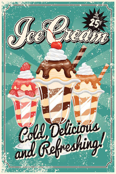 Laminated Ice Cream Cold Delicious and Refreshing Vintage Poster Dry Erase Sign 16x24
