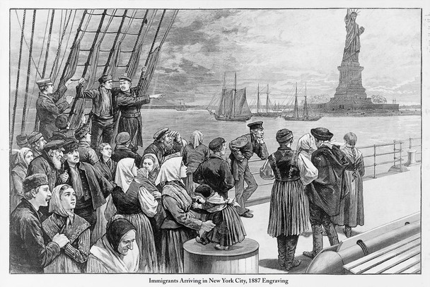 Laminated Immigrants Arriving In New York City Statue Of Liberty 1887 Engraving Poster Dry Erase Sign 24x16