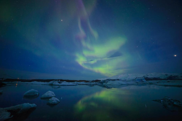 Laminated Beautiful Aurora Borealis over Jokulsarlon Lagoon Photo Photograph Poster Dry Erase Wall Art 24x16