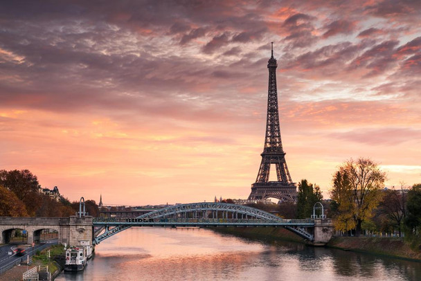 Laminated Dawn Over Eiffel Tower and Seine River Paris Photo Photograph Poster Dry Erase Wall Art 24x16
