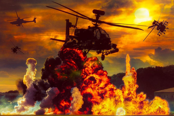 Laminated Military AH64 Combat Attack Helicopter Sunset Flight Flying Fire Explosion Photography Poster Dry Erase Sign 16x24