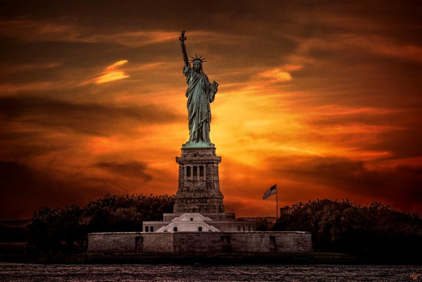 Laminated Lady Liberty Sunset by Chris Lord Photo Photograph Poster Dry Erase Sign 16x24