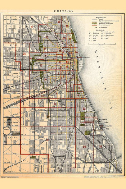 City of Chicago Illinois Historic Antique Style Map Cool Wall Art Print Poster 24x36