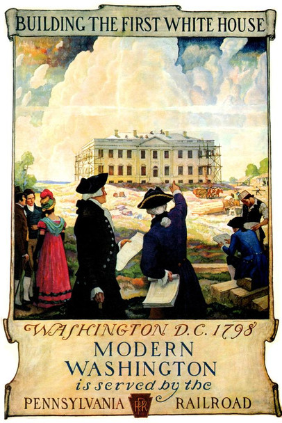 Laminated Washington DC Building The First White House 1798 Pennsylvania Railroad George Washington Historic Vintage Illustration Travel Poster Dry Erase Sign 16x24