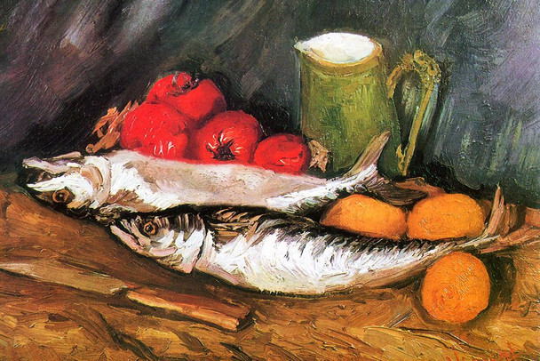 Laminated Vincent van Gogh Still Life with Mackerels Lemons and Tomatoes Poster Dry Erase Sign 24x16