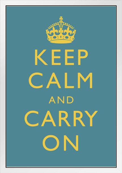 Keep Calm Carry On Motivational Inspirational WWII British Morale Medium Blue White Wood Framed Poster 14x20