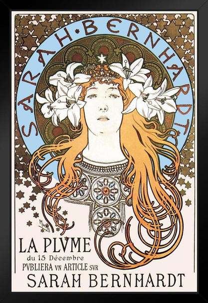 Sarah Bernhardt La Plume 1896 Alphonse Mucha Painting Art Print Art Nouveau Vintage Black Wood Framed Poster 14x20