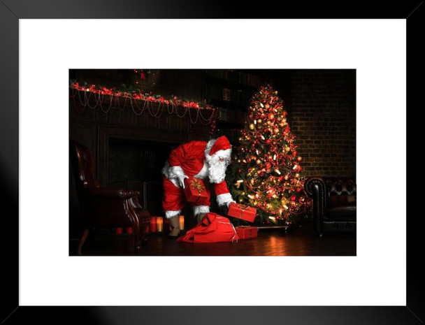 Santa Claus Placing Presents Under Christmas Tree Eve Wrapped Gifts Matted Framed Wall Decor Art Print 20x26