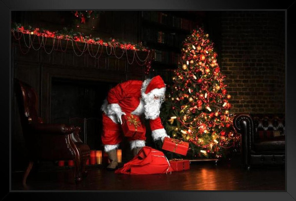 Santa Claus Placing Presents Under Christmas Tree Eve Wrapped Gifts Black Wood Framed Poster 14x20