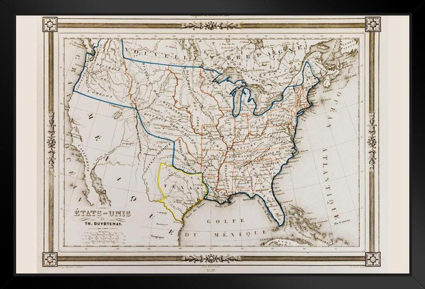 Republic of Texas 1846 Antique Map of United States of America Vintage Travel Texan Altas Black Wood Framed Poster 14x20