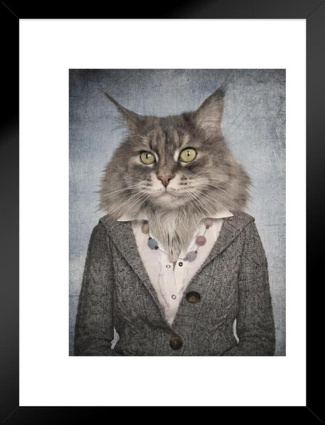 Cat Head Wearing Human Clothes Funny Parody Animal Face Portrait Art Photo Matted Framed Wall Decor Art Print 20x26