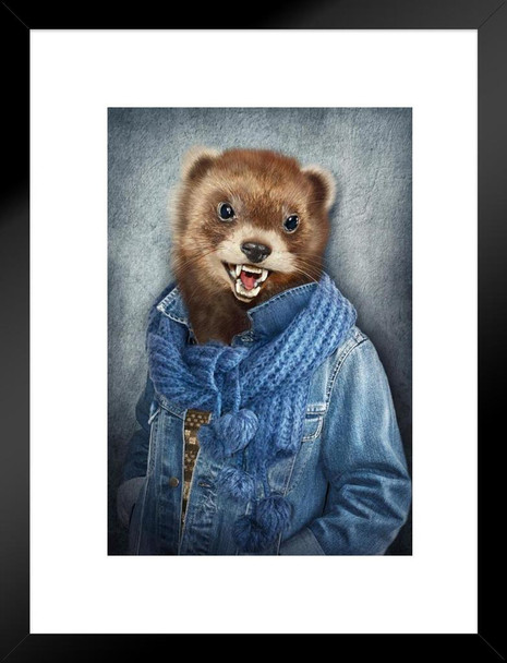 Weasel Head Wearing Human Clothes Funny Parody Animal Face Portrait Art Photo Matted Framed Wall Decor Art Print 20x26