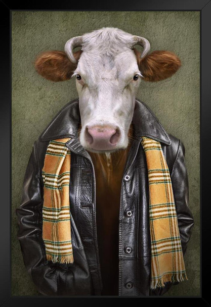 Cow Leather Jacket Head Wearing Human Clothes Funny Parody Animal Face Portrait Art Photo Black Wood Framed Poster 14x20