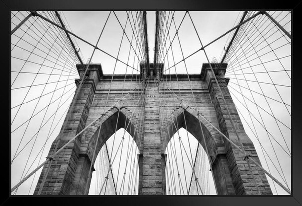 Brooklyn Bridge New York City NYC Stone Tower Cables Architectural Detail BW Photo Black Wood Framed Poster 14x20