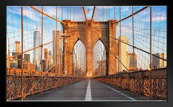 Brooklyn Bridge Sunny Day Facing Downtown New York City Manhattan NYC Landscape Color Photo Black Wood Framed Poster 14x20