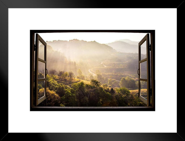 Window View Nature Wonderful Landscape Mountain View Rice Paddy Terraces Thailand Matted Framed Wall Decor Art Print 20x26