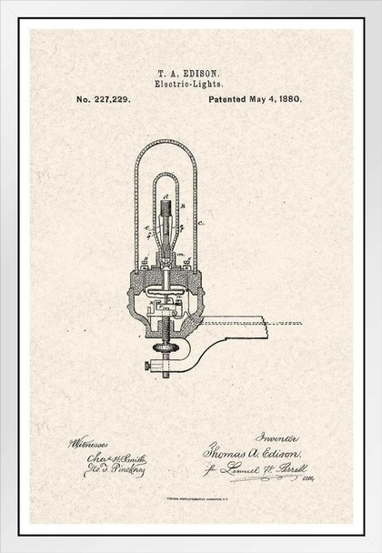 Thomas Edison Electric Light Bulb 1880 Official Patent Tan Color Blueprint Diagram Filament Bulb Science Engineering Math Educational Sign Decoration White Wood Framed Poster 14x20