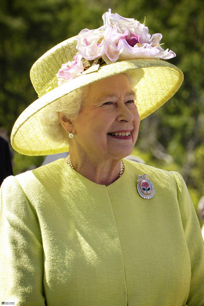 Queen Elizabeth II Smiling Yellow Hat Dress Sunday Easter Portrait Fascinator Crown British Monarch Royalty UK United Kingdom England Cool Wall Art Print Poster 12x18