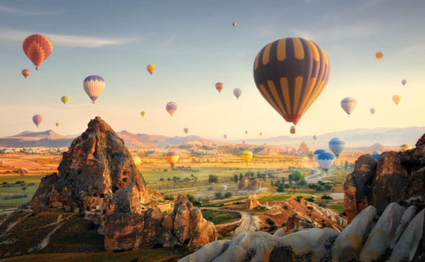 Laminated Hot Air Balloons Group Flying Soaring Cappadocia Turkey Colorful Mountains Landscape Photo Poster Dry Erase Sign 24x36