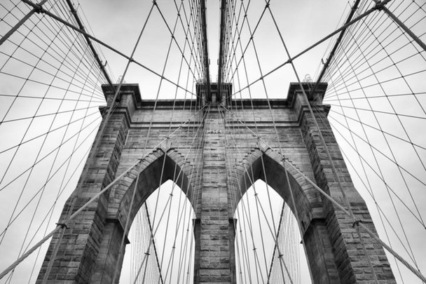 Laminated Brooklyn Bridge New York City NYC Stone Tower Cables Architectural Detail BW Photo Poster Dry Erase Wall Art 24x36