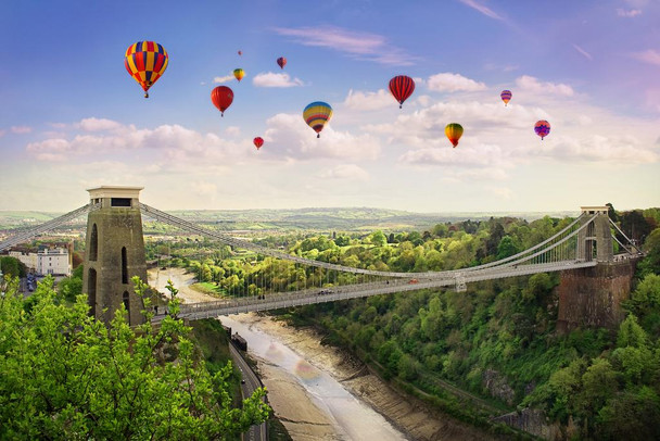 Laminated Colorful Hot Air Balloons Over Clifton Suspension Bridge In Bristol UK England British Landscape Photo Poster Dry Erase Wall Art 24x36