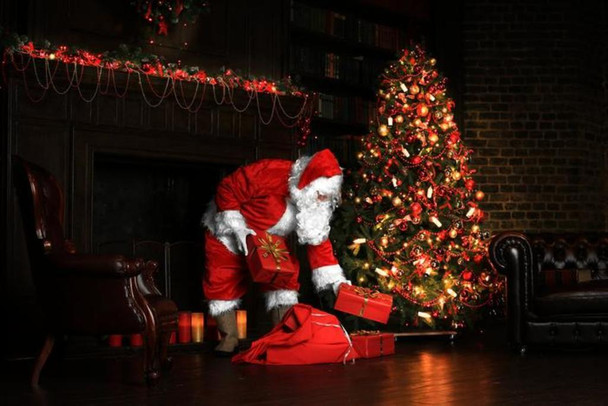 Santa Claus Placing Presents Under Christmas Tree Eve Wrapped Gifts Thick Paper Sign Print Picture 8x12