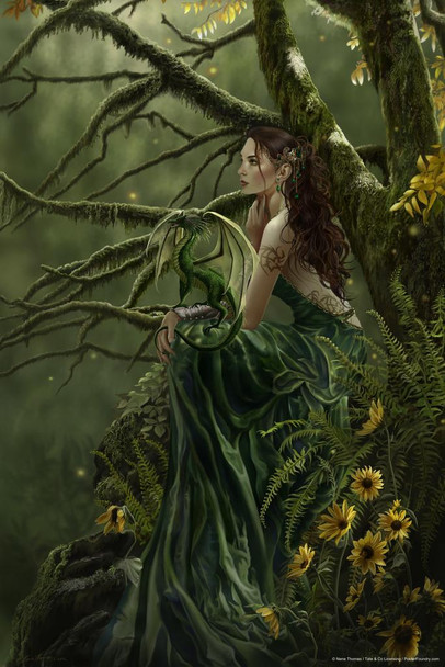 Laminated Queen of Fate Green Dragon by Nene Thomas Fantasy Poster Fairy Princess Sitting In Woods Forest Poster Dry Erase Wall Art 16x24