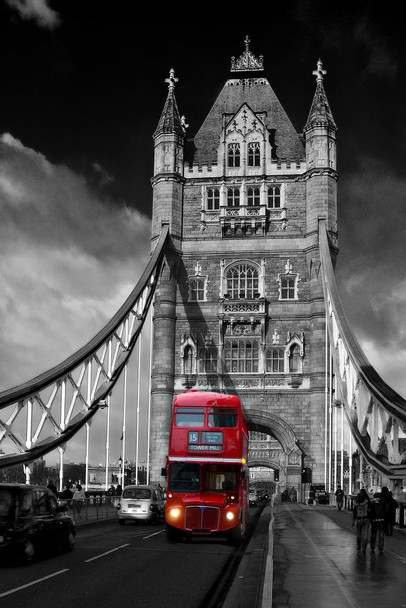Red London Bus on Tower Bridge Photo Photograph Cool Wall Decor Art Print Poster 16x24