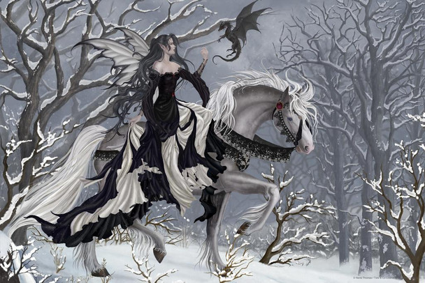Fairy Riding a Horse Dragon Shadow A Chance Encounter by Nene Thomas Fantasy Poster Winter Woods Nature Cool Wall Decor Art Print Poster 16x24