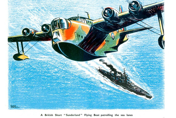 Laminated WPA War Propaganda British Short Sunderland Flying Boat Patrolling Sea Lanes Poster Dry Erase Sign 24x16