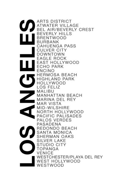 Neighborhoods Los Angeles Hollywood Beverly Hills Bel Air Brentwood Malibu Venice White Word Art Cool Wall Decor Art Print Poster 16x24