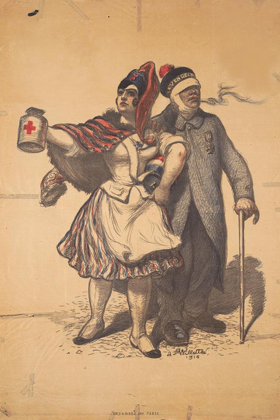 Laminated WPA War Propaganda French Soldier Veteran With Red Cross Aid Nurse Poster Dry Erase Sign 16x24